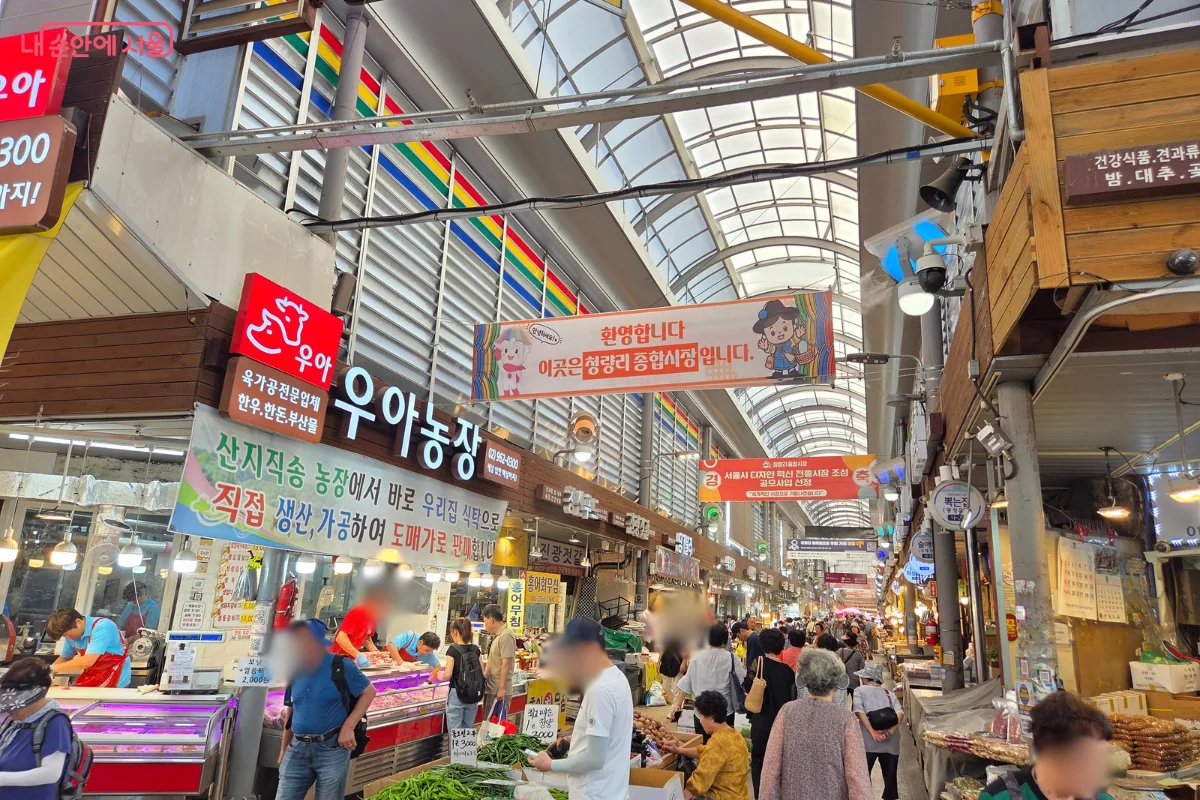 채소와 식재료가 진열된 경동시장 실내 통로
